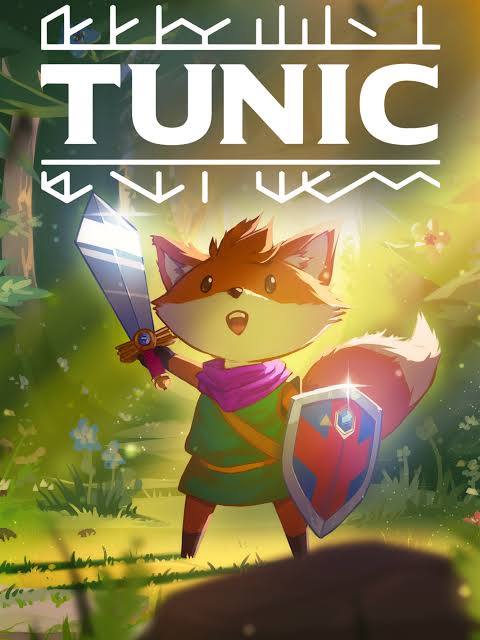 Jaquette du jeu vidéo Tunic, sur laquelle on voit un renard qui brandit une épée