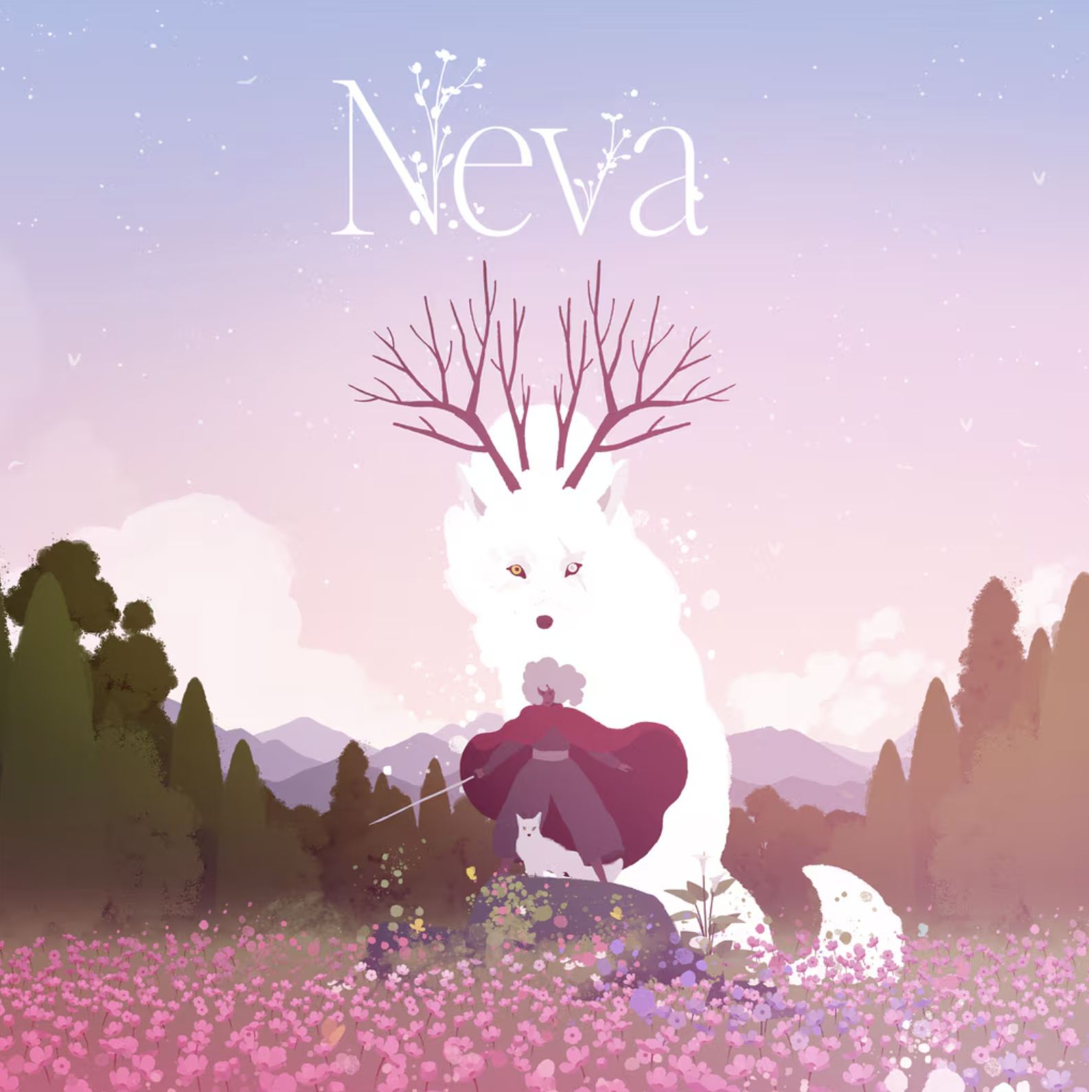 Jaquette du jeu Neva. On peut y voir une femme avec une épée, derrière elle se trouve un énorme loup blanc avec des bois.